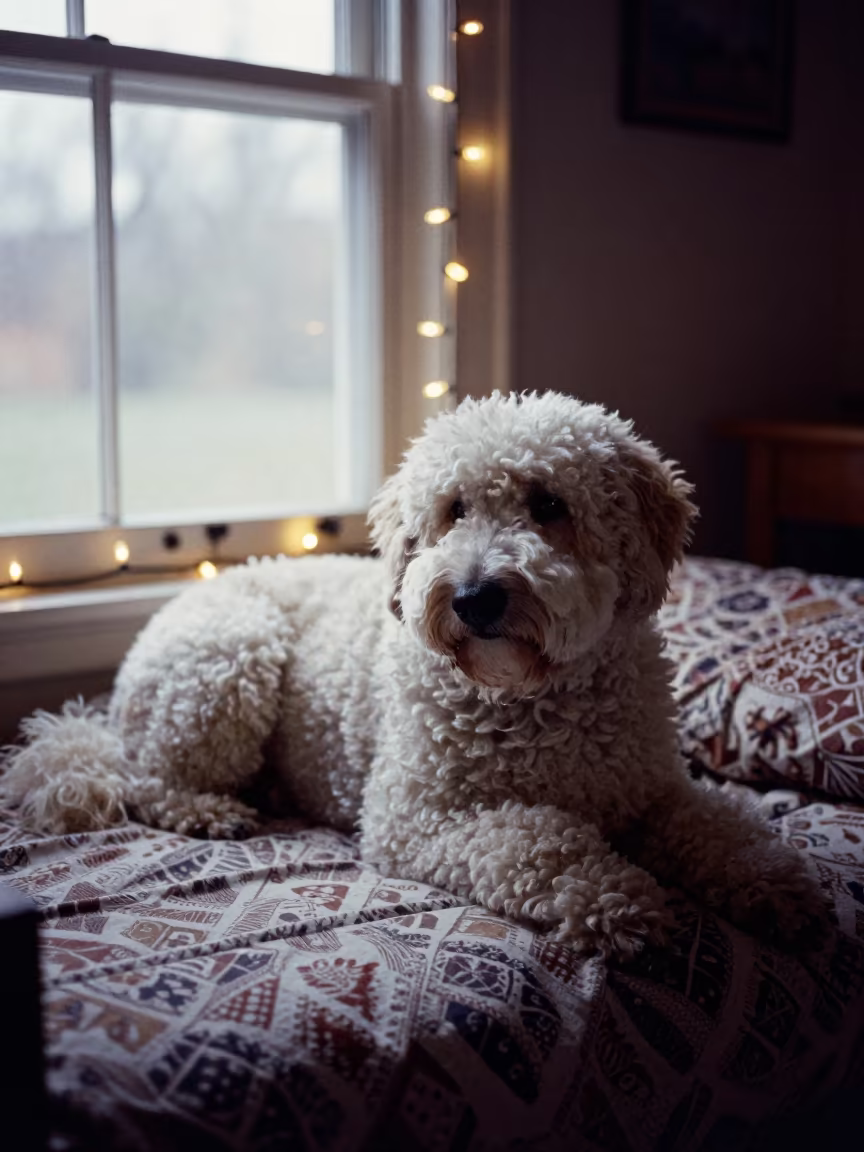 Old English Sheepdog Resting on Bedspread Near Window in on a bedspread near a bright window with calm indoor light near Calabozo