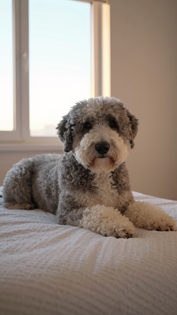 Old English Sheepdog Resting on Bedspread in on a bedspread near a bright window with calm indoor light near Warnes