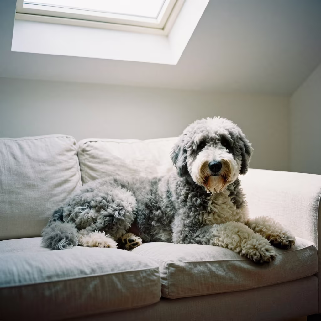 Old English Sheepdog Resting on Linen Sofa in on a linen sofa with daylight from a nearby window near Massarah