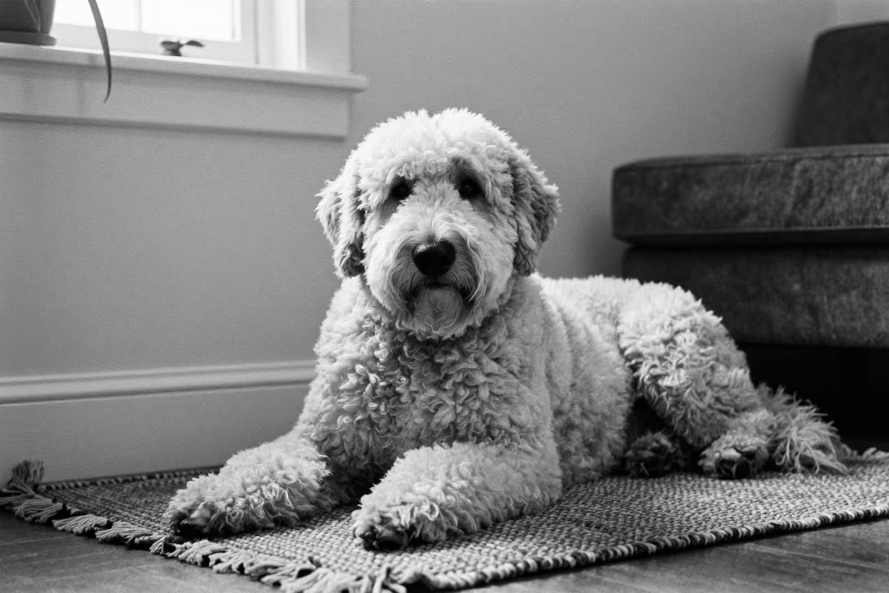 Old English Sheepdog Resting on Woven Rug in on a woven rug beside a low couch and an uncluttered wall in Rochester