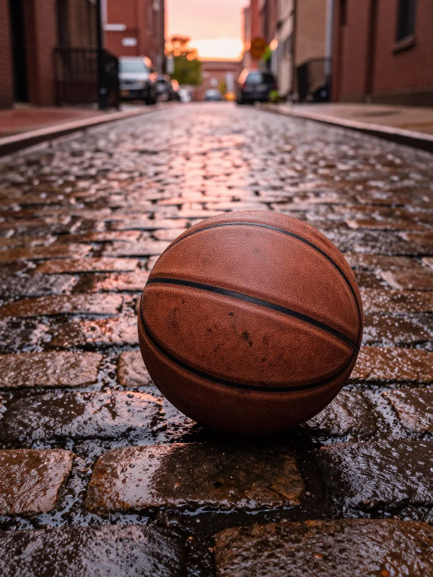 Old Leather Basketball Resting on Wet Cobblestone in Philadelphia Before Dusk in in Philadelphia, Pennsylvania, United States
