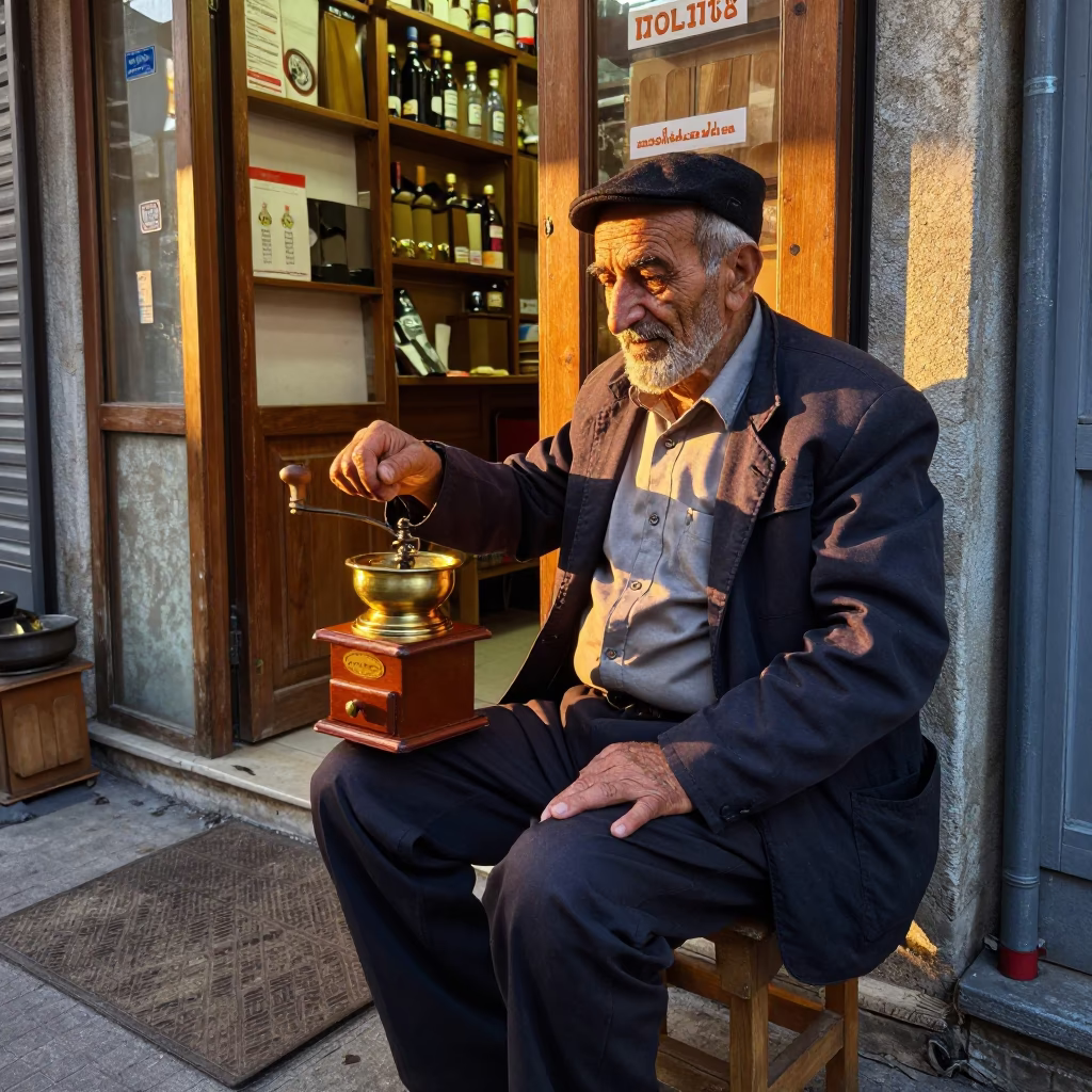 Old man selling coffee grinder in Istanbul evening light in in Istanbul, Turkey