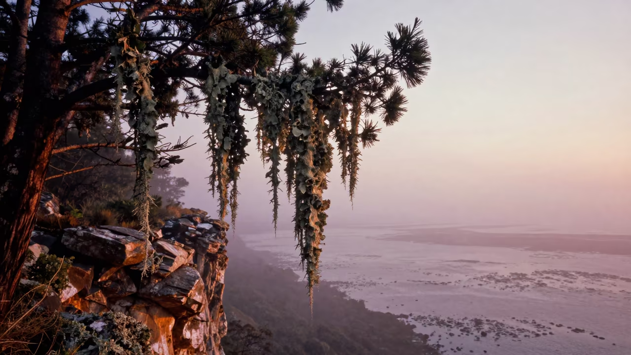 Old Man's Beard Lichen on Conifer Cliff Edge in along a salt-sprayed cliff edge in the Great Barrier Reef