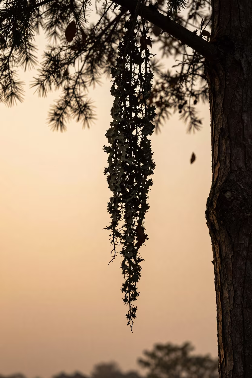 Old Man's Beard Lichen on Conifer Golden Hour in near Lahore