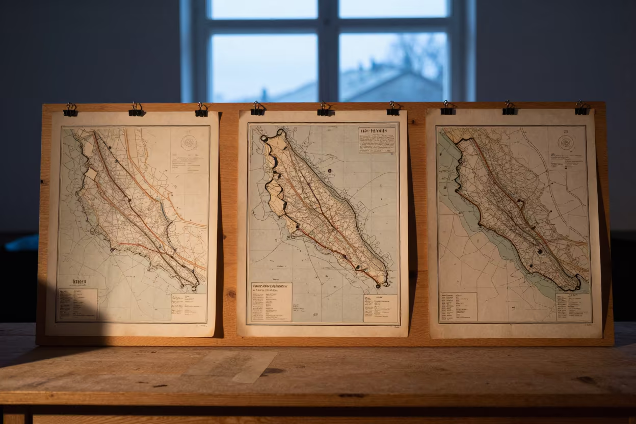Old Maps Pinned on Board at Tampere Fair in at a market stall counter near Tampere