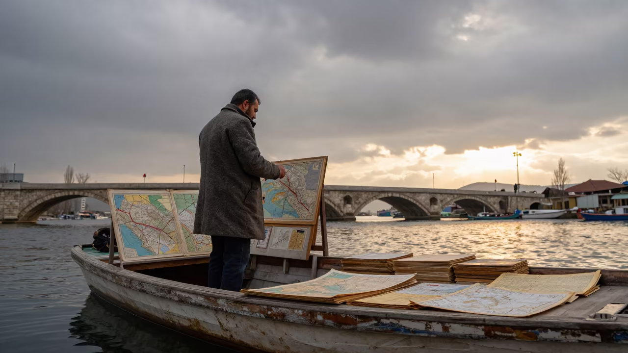 Old Maps Seller at Floating Market Diyarbakir in at a floating market boat in Diyarbakir