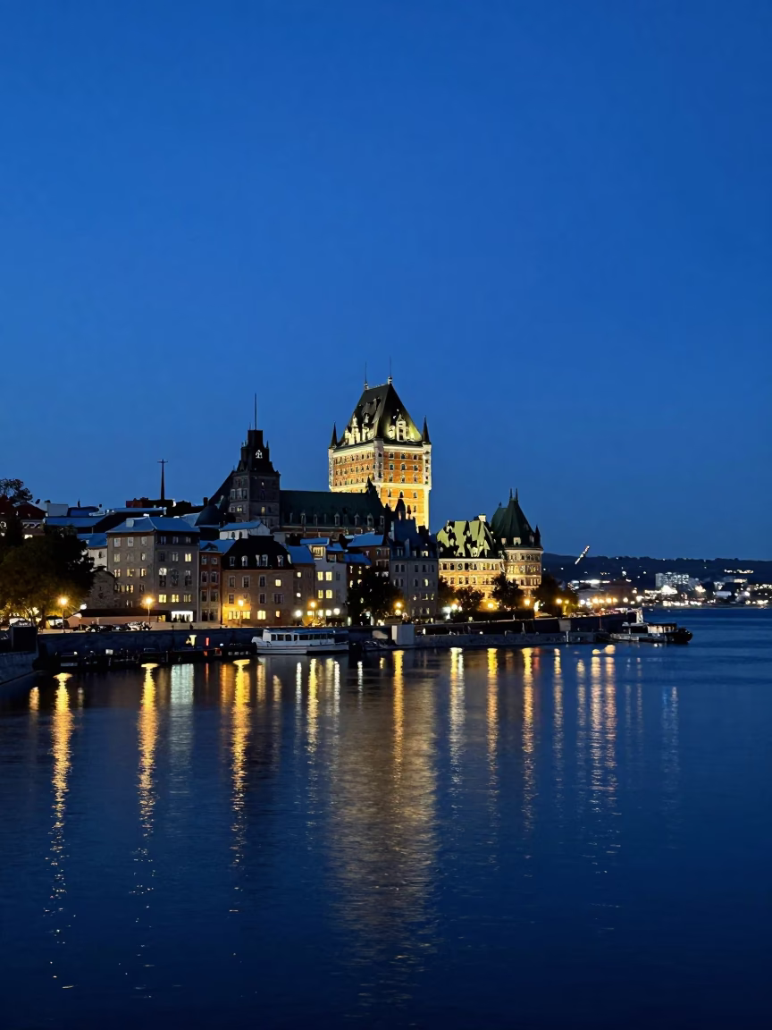 Old Port And Citadelle Lights Reflecting at Twilight in Quebec City in in Quebec City, Quebec, Canada
