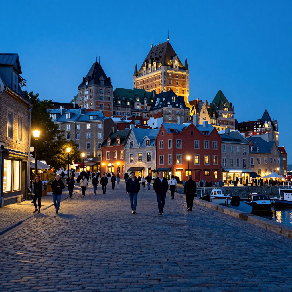 Old Port in Quebec City at The Last Blue Light Of Evening in in Quebec City, Quebec, Canada