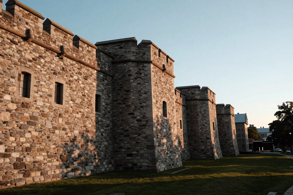 Old Quebec Historic Stone Walls And St Lawrence River Horizon in Quebec City in in Quebec City, Quebec, Canada