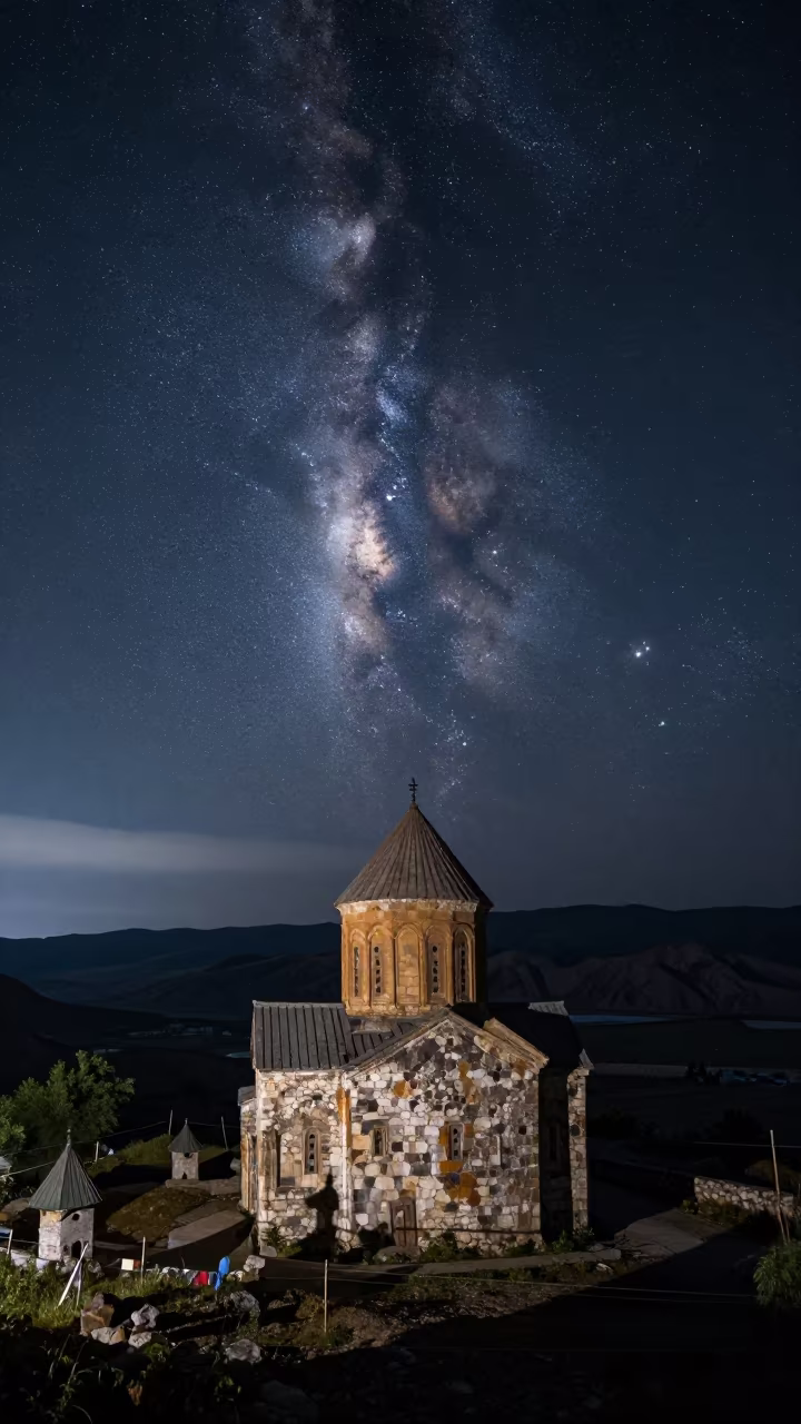 Old Stone Church Under Milky Way Almaty Night in beneath a dark-sky overlook near Almaty