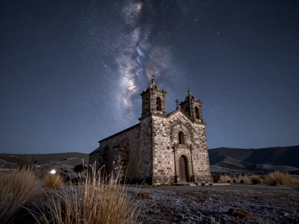 Old Stone Church Under Milky Way at Night in from a frost-hushed ridgeline near La Paz