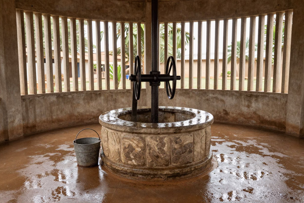Old Stone Well in Ribbed Concrete Lobby Ouagadougou in inside a ribbed concrete lobby in Ouagadougou