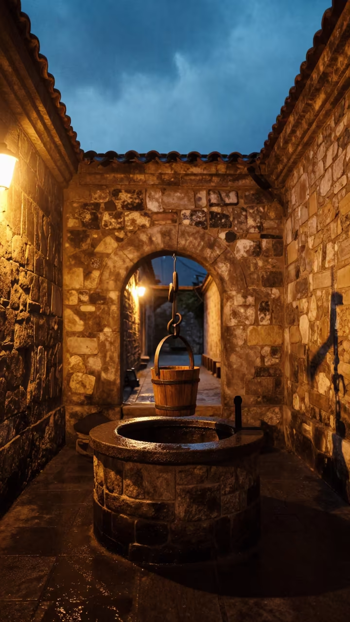 Old Stone Well in Sololaki Twilight in inside a skylit passageway in Sololaki, Tbilisi