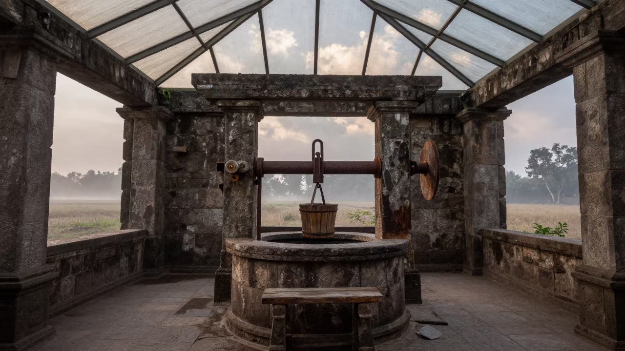 Old Stone Well in Vellore Arcade Before Dawn in inside a glass-roofed arcade in Vellore
