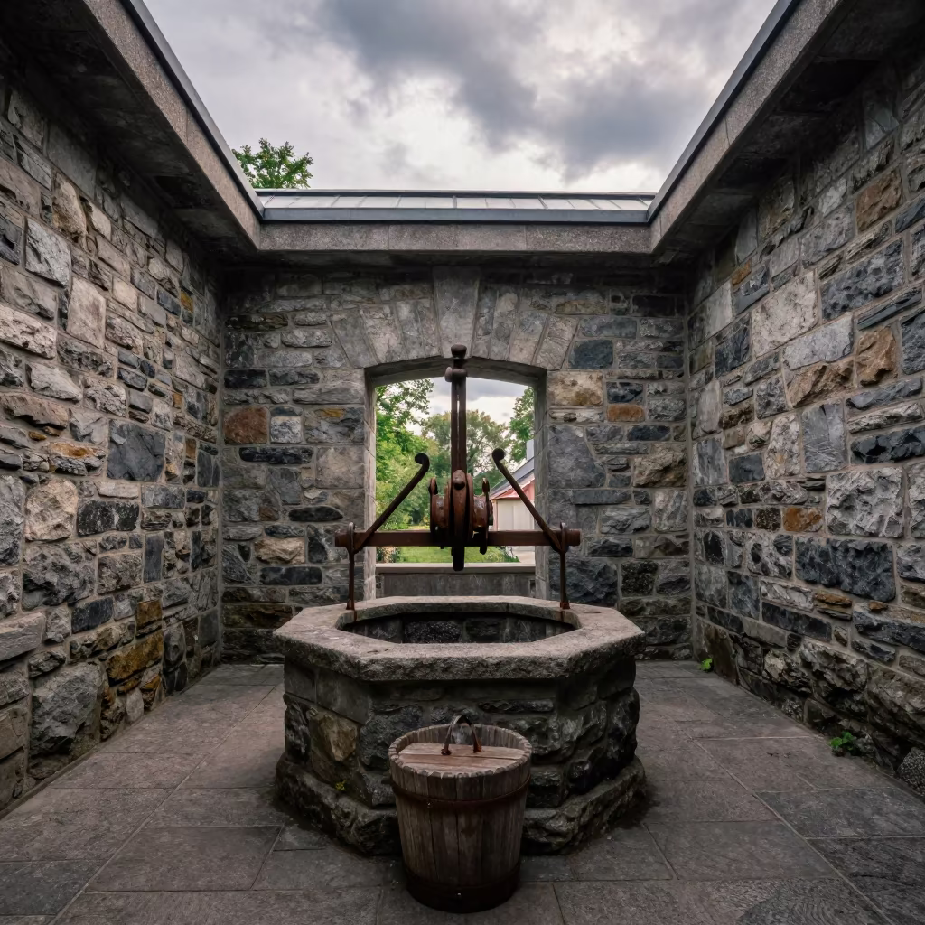 Old Stone Well with Winch in Oslo Skylit Passage in inside a skylit passageway near Oslo