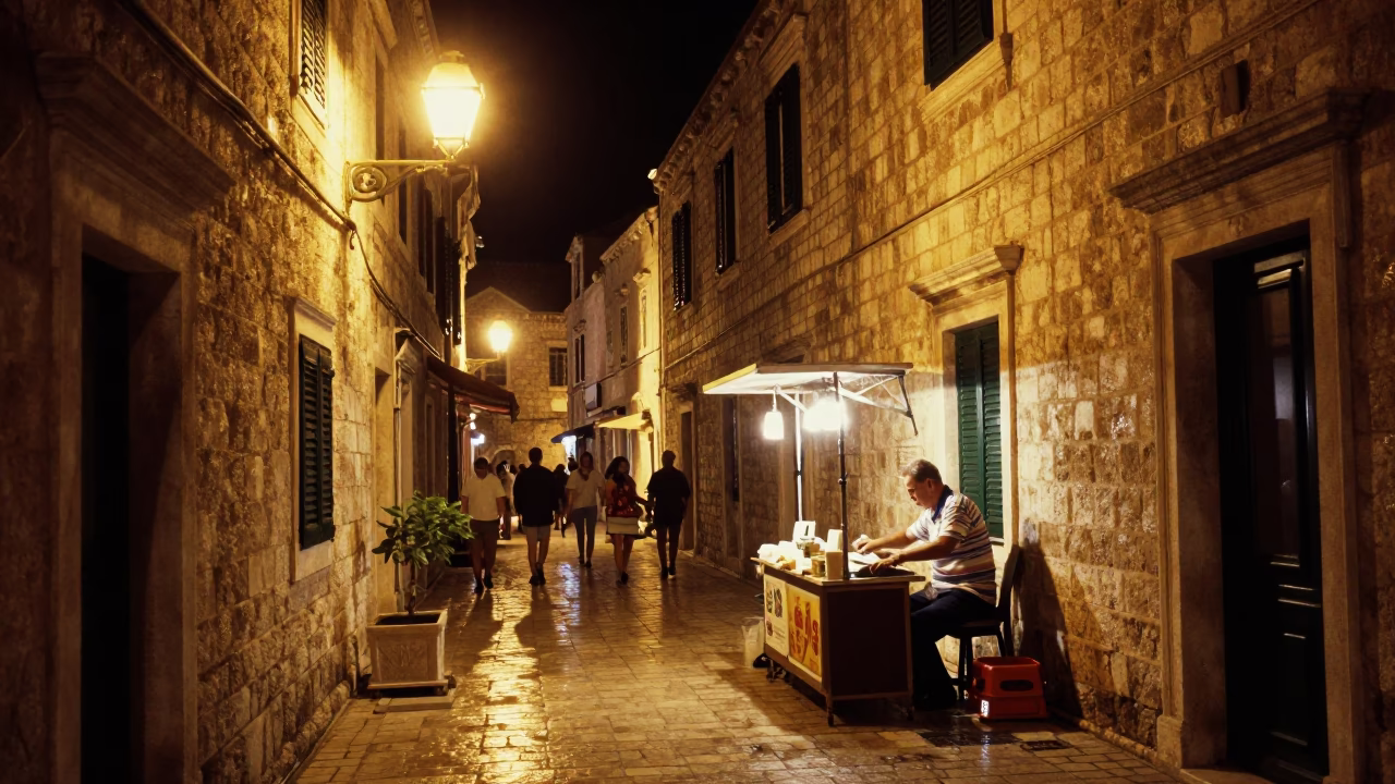 Old Town in Dubrovnik at Deep In The Night Light in in Dubrovnik, Croatia