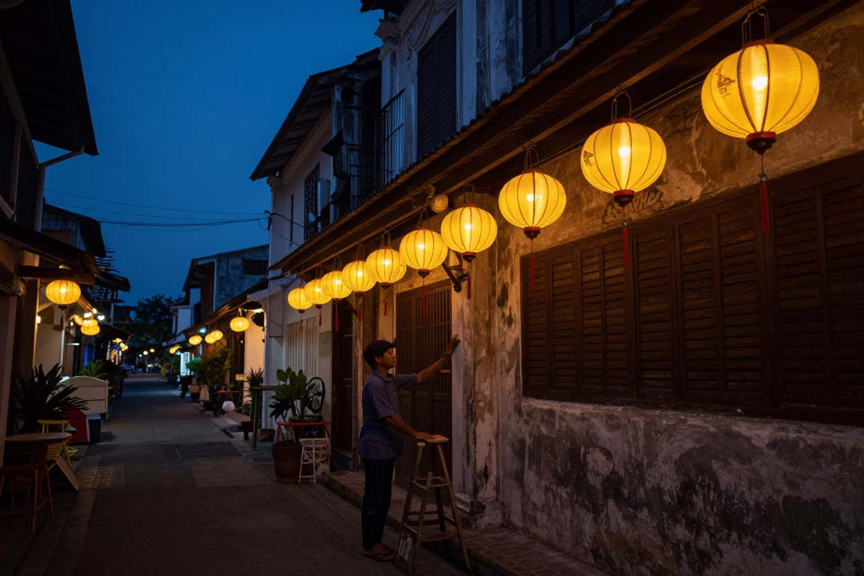 Old Town in Phuket at The Predawn Darkness Light in in Phuket, Thailand