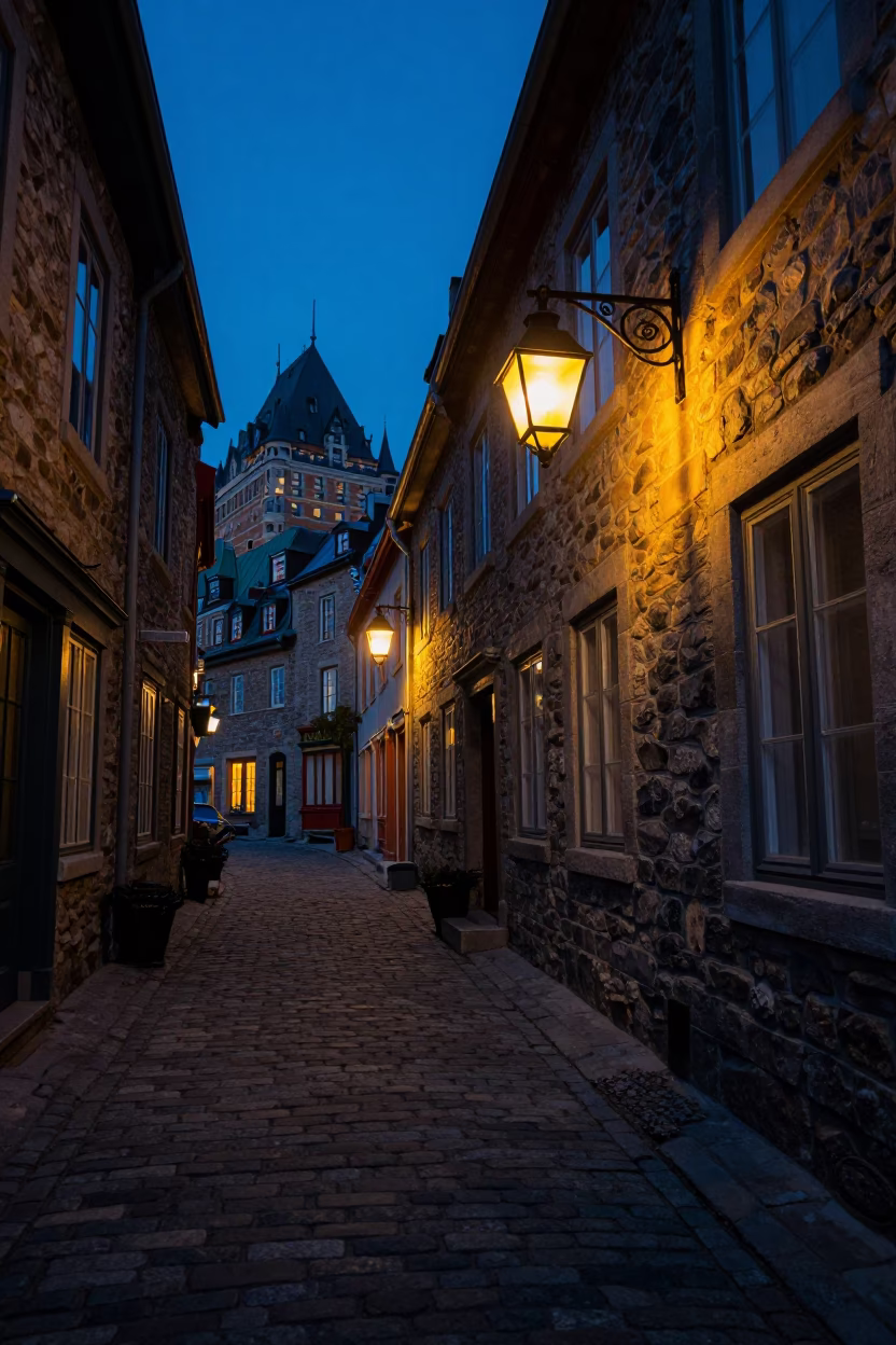 Old Town in Quebec City at The Predawn Darkness Light in in Quebec City, Quebec, Canada