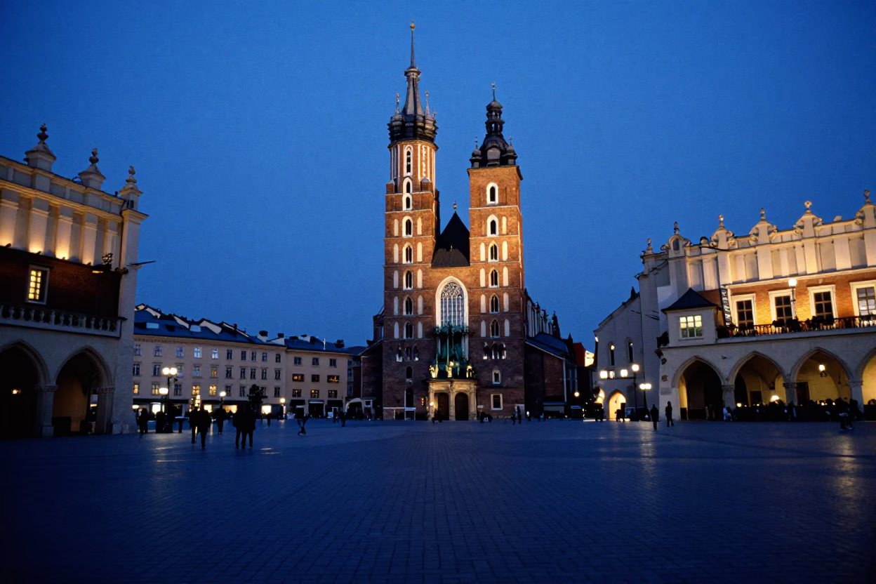 Old Town Square And St Mary's Basilica in Krakow in in Krakow, Poland