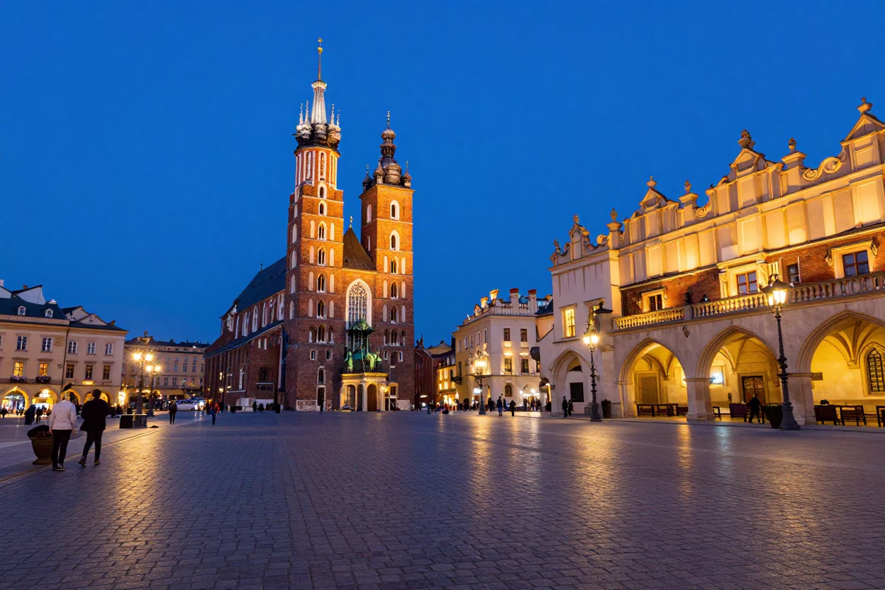 Old Town Square in Krakow at Twilight in in Krakow, Poland