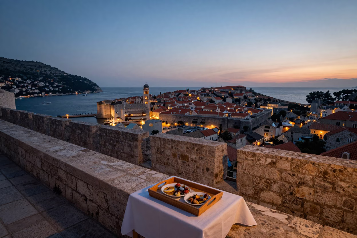 Old Town Stone Walls And Adriatic Sea From Terrace in Dubrovnik in in Dubrovnik, Croatia