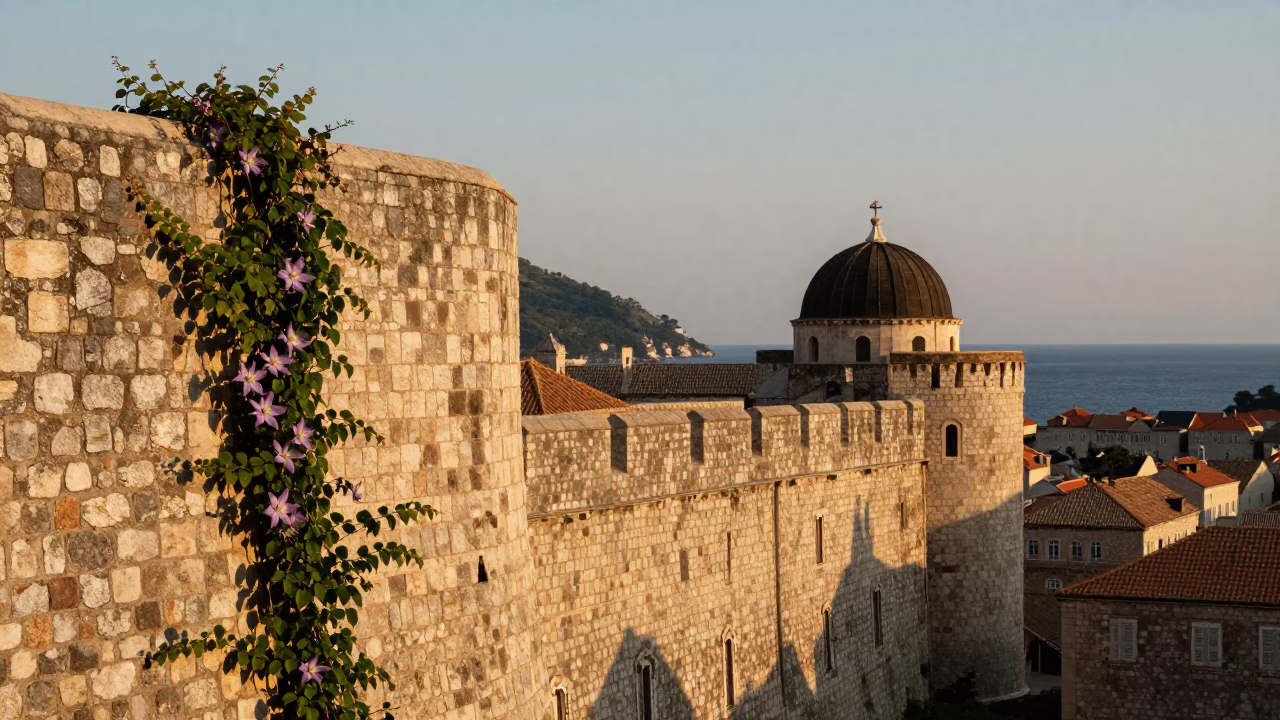 Old Town Stone Walls And Adriatic Sea Horizon in Dubrovnik in in Dubrovnik, Croatia