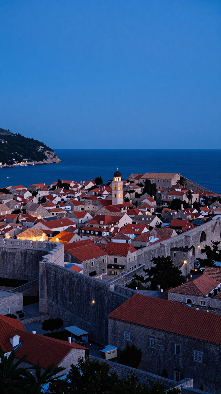Old Town Walls And Adriatic Sea in Dubrovnik at Twilight in in Dubrovnik, Croatia