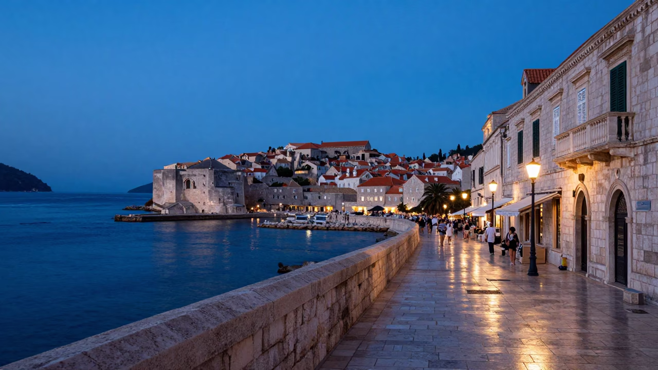 Old Town Walls And Sea From Stradun Street in Dubrovnik in in Dubrovnik, Croatia