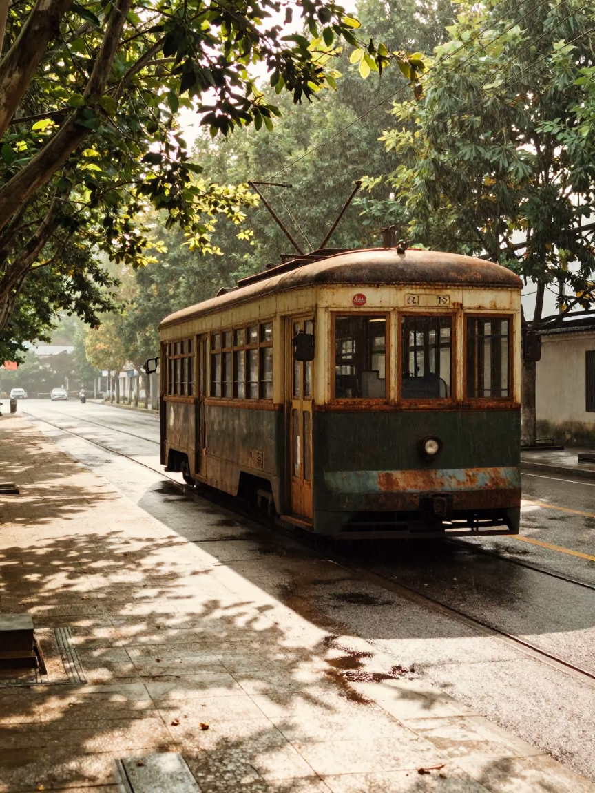 Old Trolley on Anhui Causeway Drizzle in on a wind-open causeway in Anhui