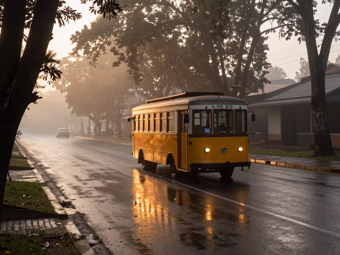 Old Trolley Reflects in Wet Kumasi Street in near Kumasi