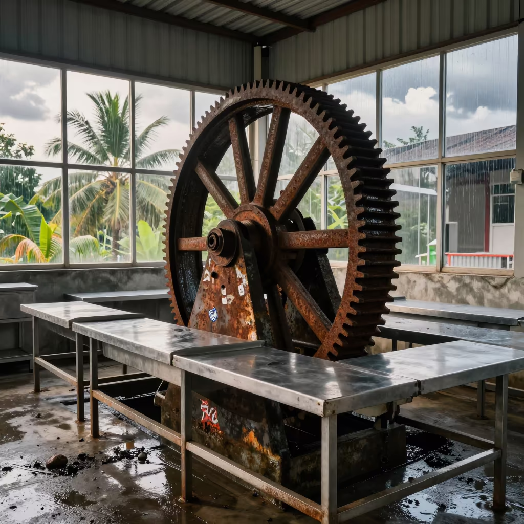 Old Water Mill in Jakarta Sorting Hall in along a food-processing floor with sorting tables in Sudirman, Jakarta