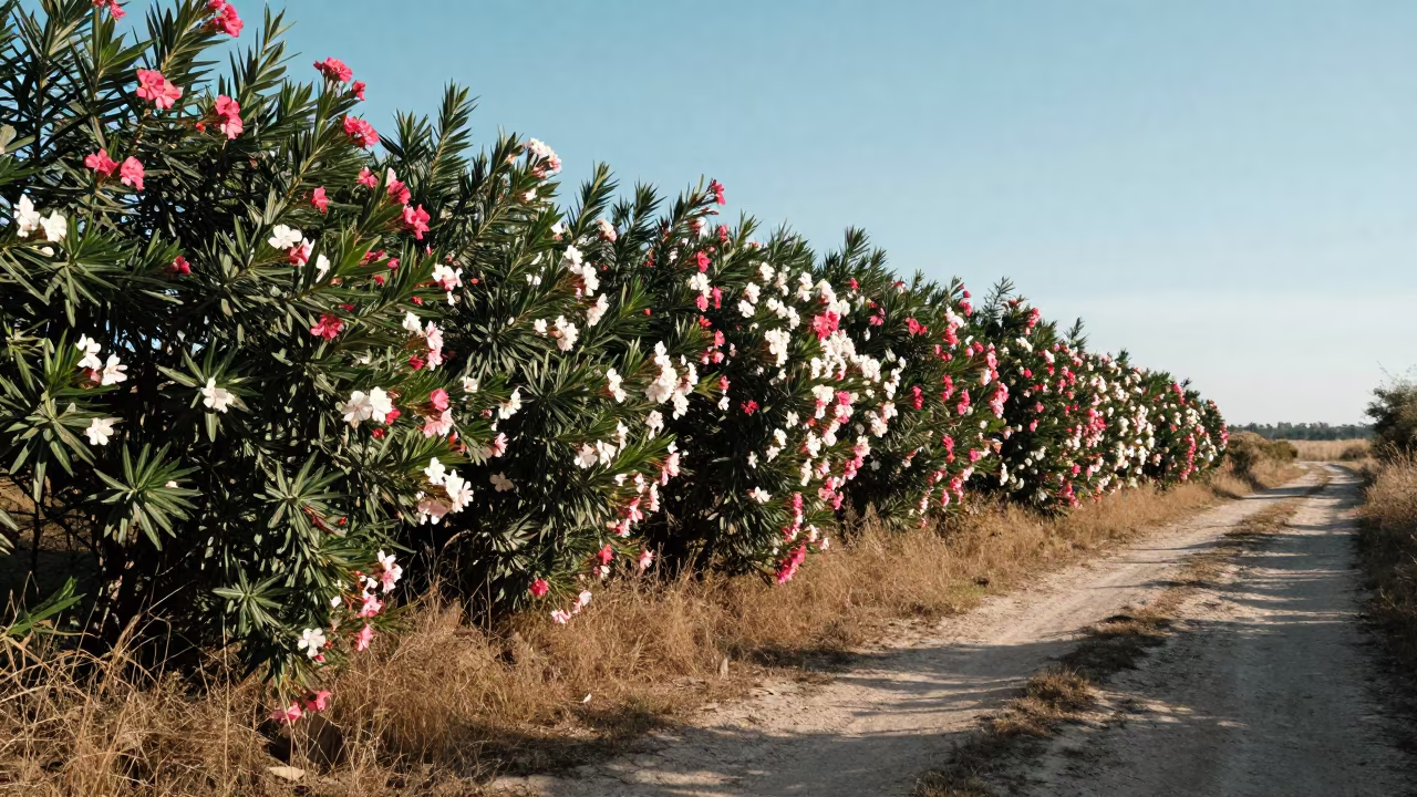 Oleander Hedge Along Bulgarian Lane After Sunrise in in a bloom-heavy meadow in Bulgaria