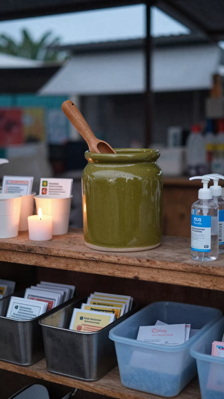 Olive Bar Scoop Crock in Puerto Ayacucho Market in on a wooden shelf inside a covered market in Puerto Ayacucho