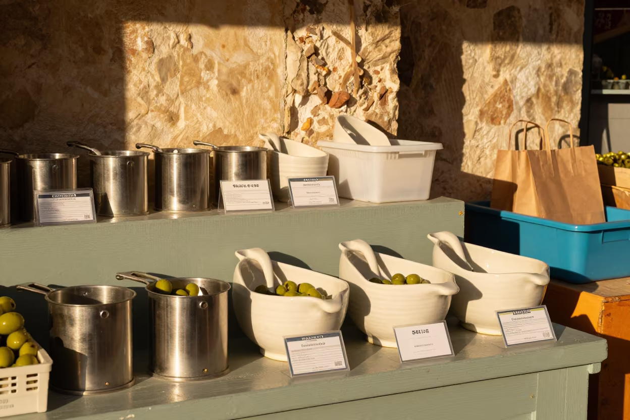 Olive Bar Scoop Crocks in Old City Jerusalem in on a painted produce display table in Old City, Jerusalem