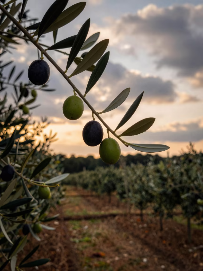 Olive Branch Green Black Fruit Evening Light in among terraced garden plots in North Carolina