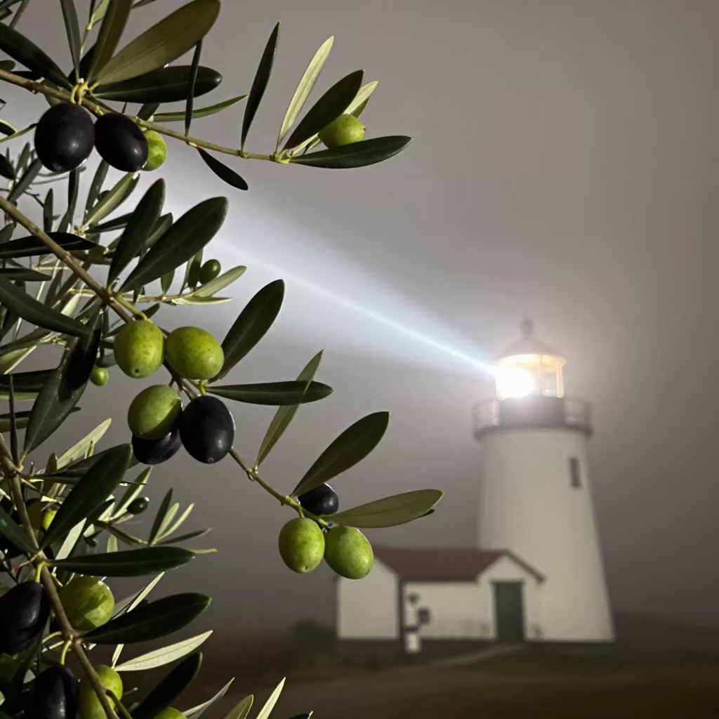 Olive Branch with Green and Black Fruit in Maine Mist in in Maine