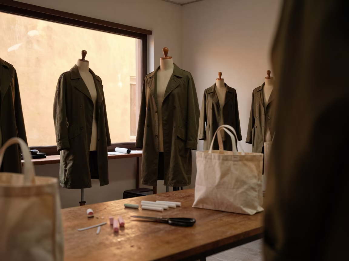 Olive Chore Coats in Buenos Aires Tailoring Room in at a tailoring table strewn with chalk and shears in Puerto Madero, Buenos Aires
