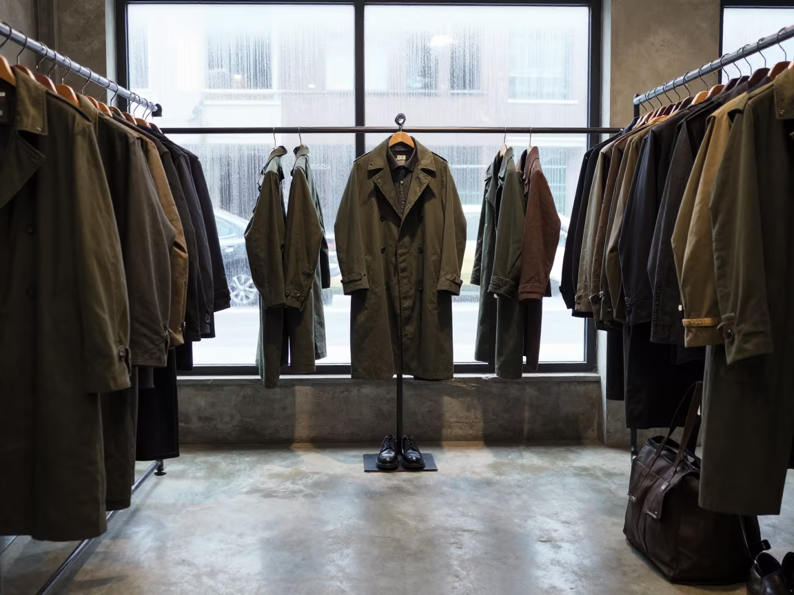 Olive Chore Coats in Dawn Light Atelier in inside a couture atelier near Newport
