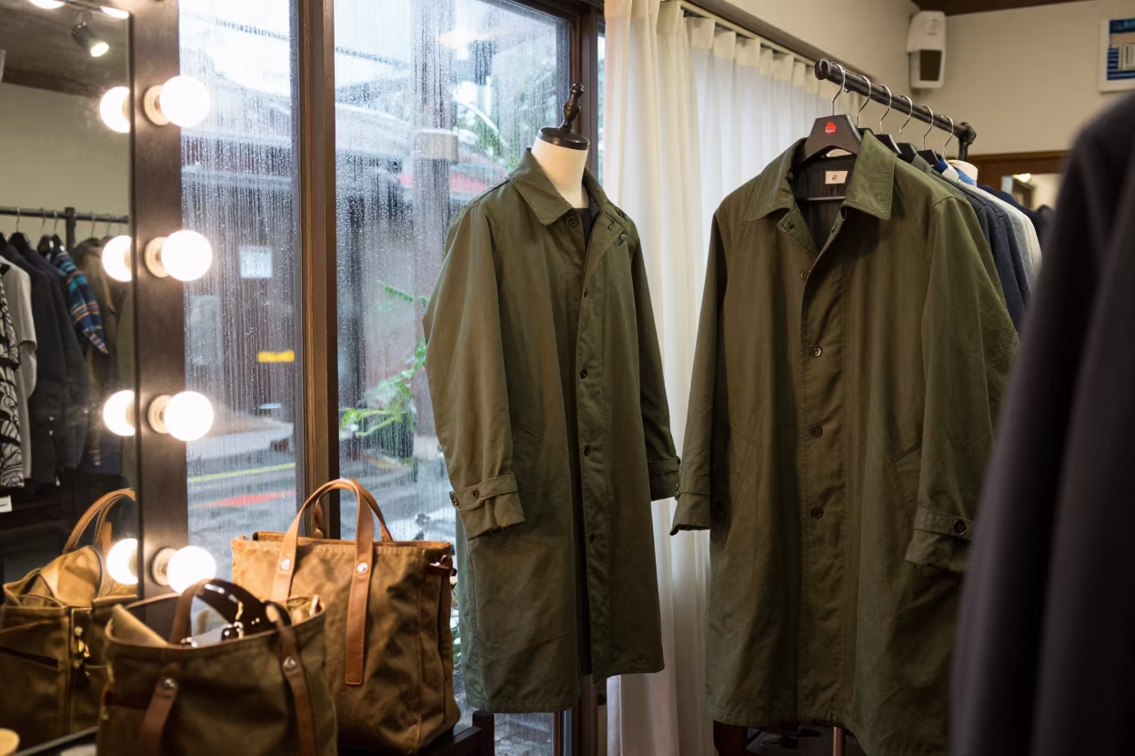 Olive Chore Coats Displayed Near Mirror Bulbs Okinawa in beside a mirror lined with makeup bulbs in Okinawa