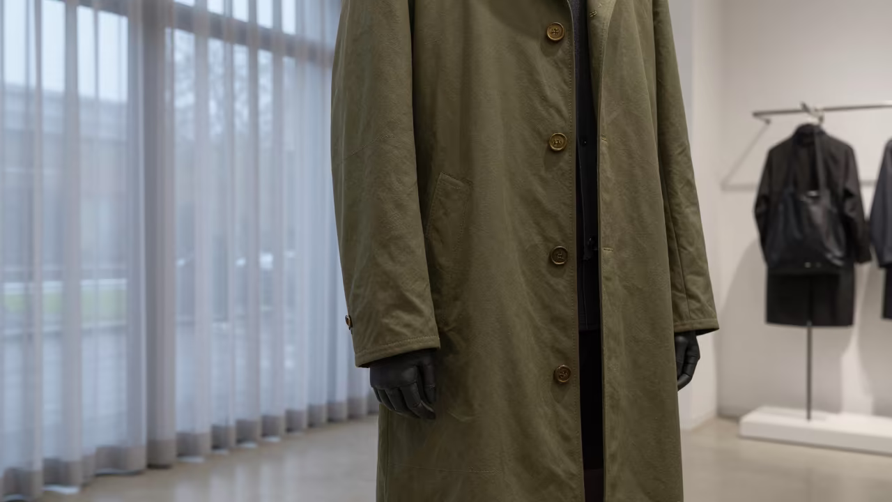 Olive Chore Coats and Waxed Totes in Guanare Showroom in under runway rehearsal lights in Guanare