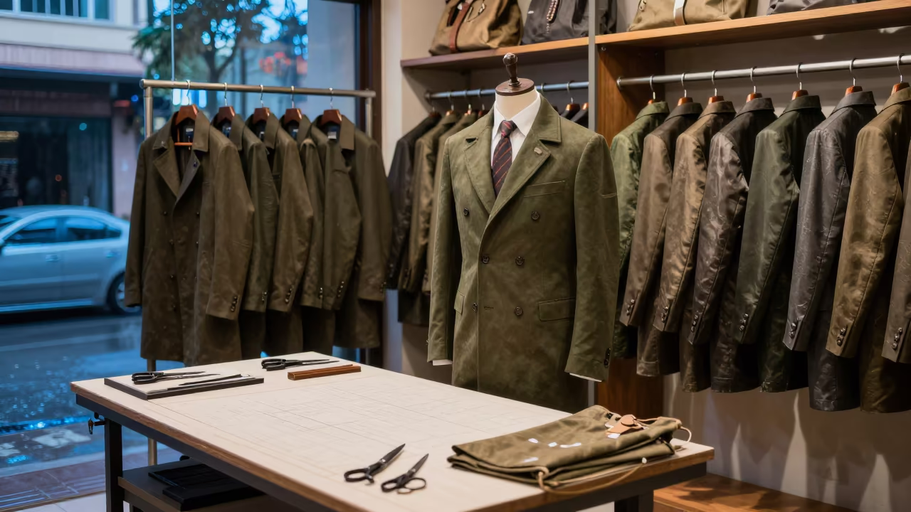 Olive Chore Coats and Waxed Totes in Mangalore Showroom in at a tailoring table strewn with chalk and shears in Mangalore
