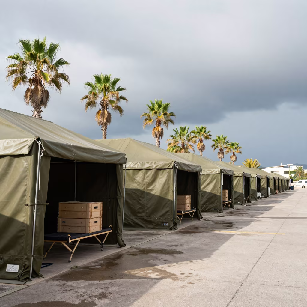 Olive Cots and Crates in Military Hospital Tent in along an airbase flight line in Antalya