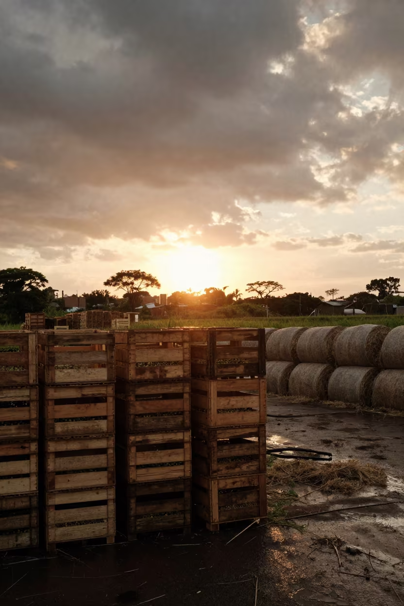 Olive Crates Stacked Near Hay Bales at Sunset in beside stacked hay bales near São Paulo