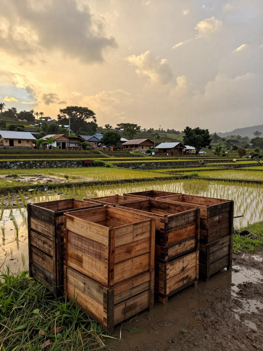 Olive crates stacked near terraced rice fields Guatemala in among terraced rice paddies in Guatemala