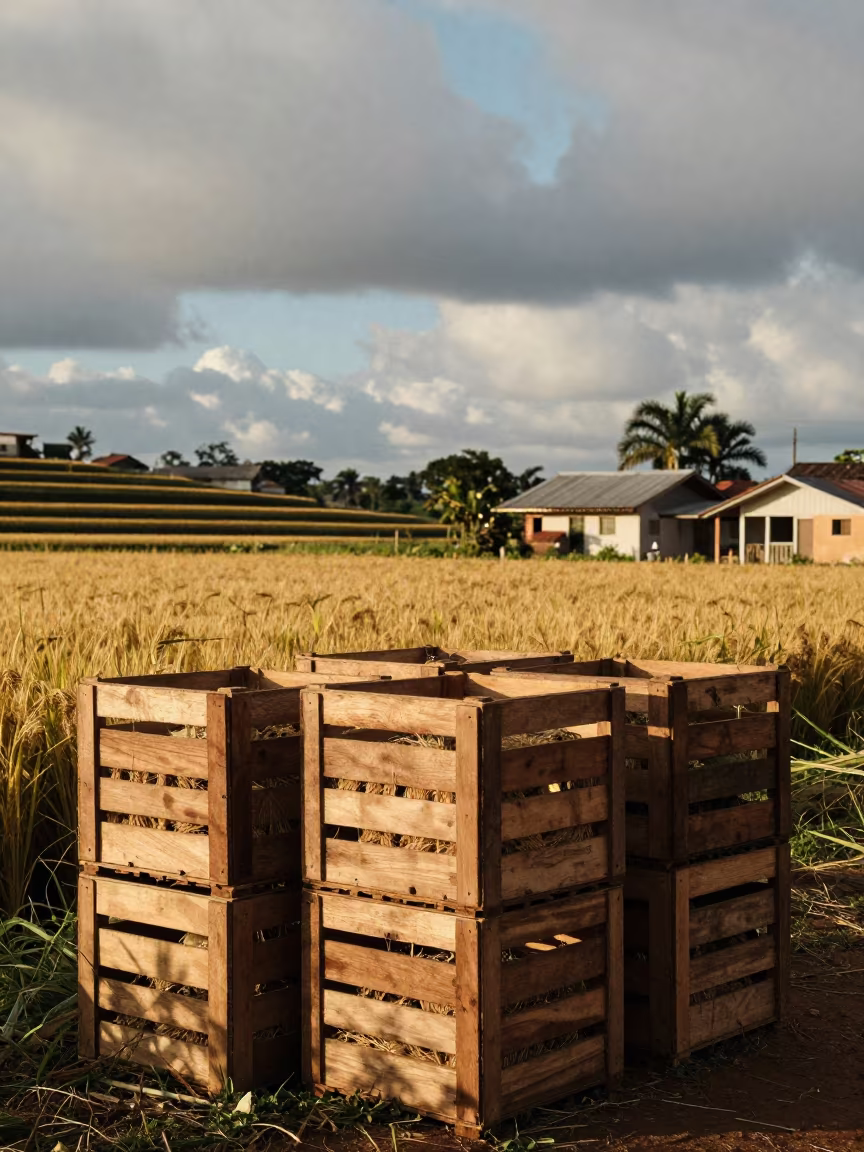 Olive Crates Stacked Near Terraced Rice Paddies in among terraced rice paddies in Pernambuco