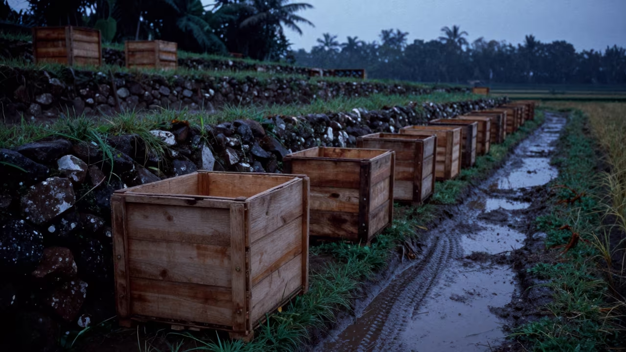 Olive crates on stone wall in Florida rice fields in among terraced rice paddies in Florida