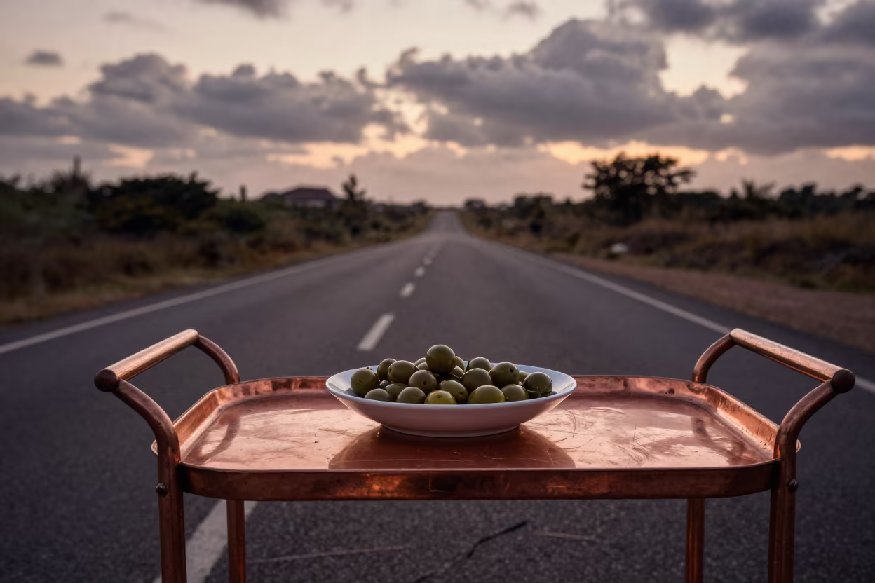 Olive Dish on Drinks Trolley Near Port Harcourt in along a switchback approach near Port Harcourt