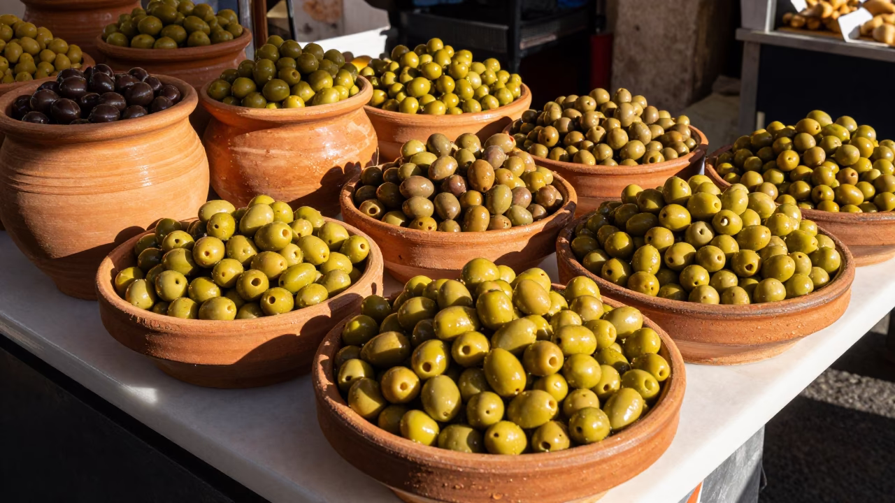 Olive Dishes in Naples at Clear Late-afternoon Light in in Naples, Italy