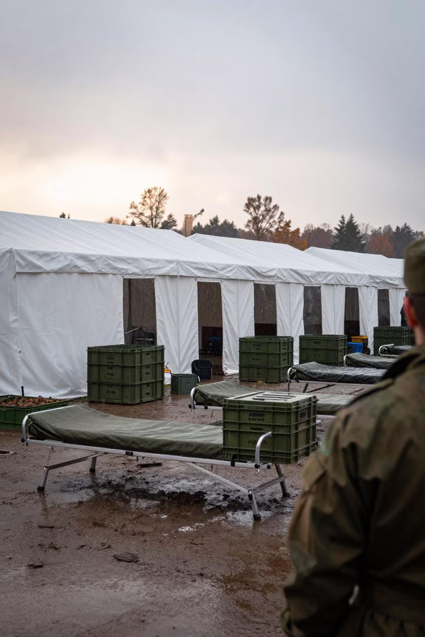 Olive Drab Hospital Tent at Canadian Checkpoint Dawn in at a checkpoint lane in Canada