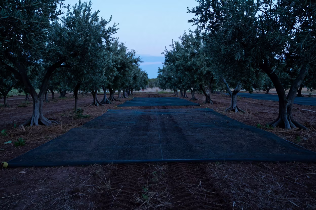 Olive Grove Net Spread Wide Under Twisted Trunks in beside a tractor track through dark soil in Florida